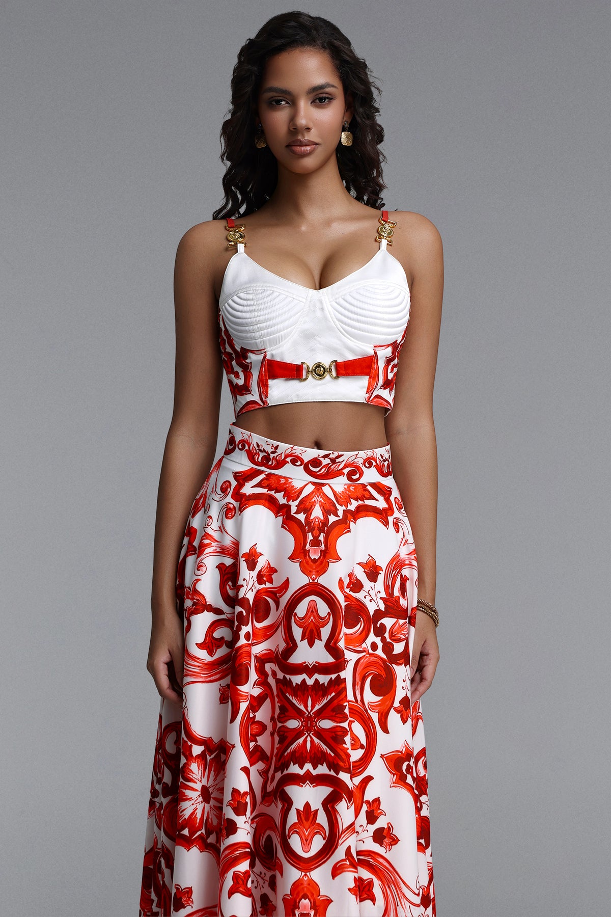 Kaona Halter Floral Printed Red Top And Skirt Two-Piece Set