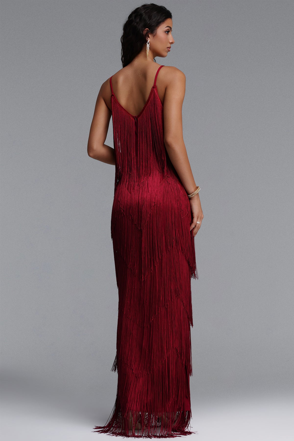 Alex V Neck Layered Fringe Bandage Maxi Dress – Red