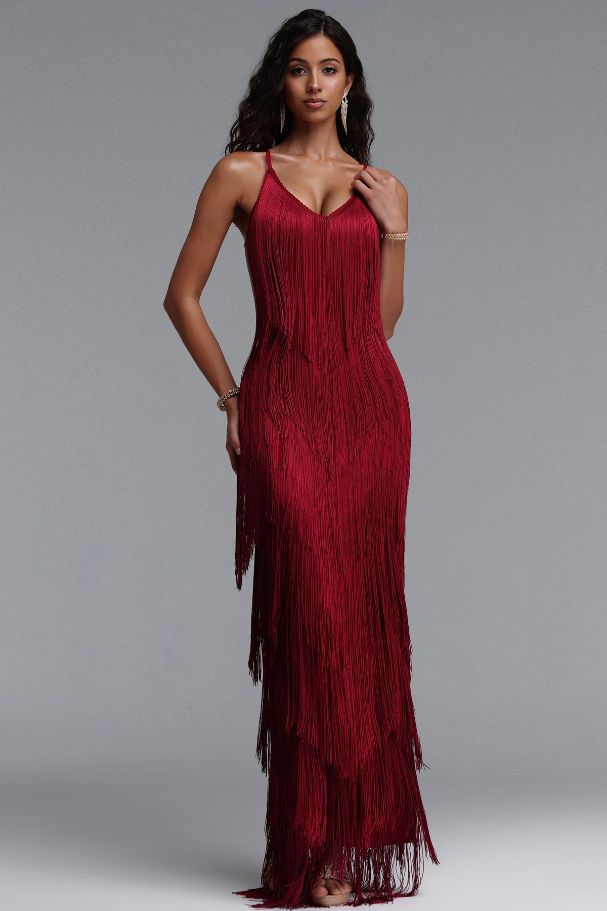 Alex V Neck Layered Fringe Bandage Maxi Dress – Red