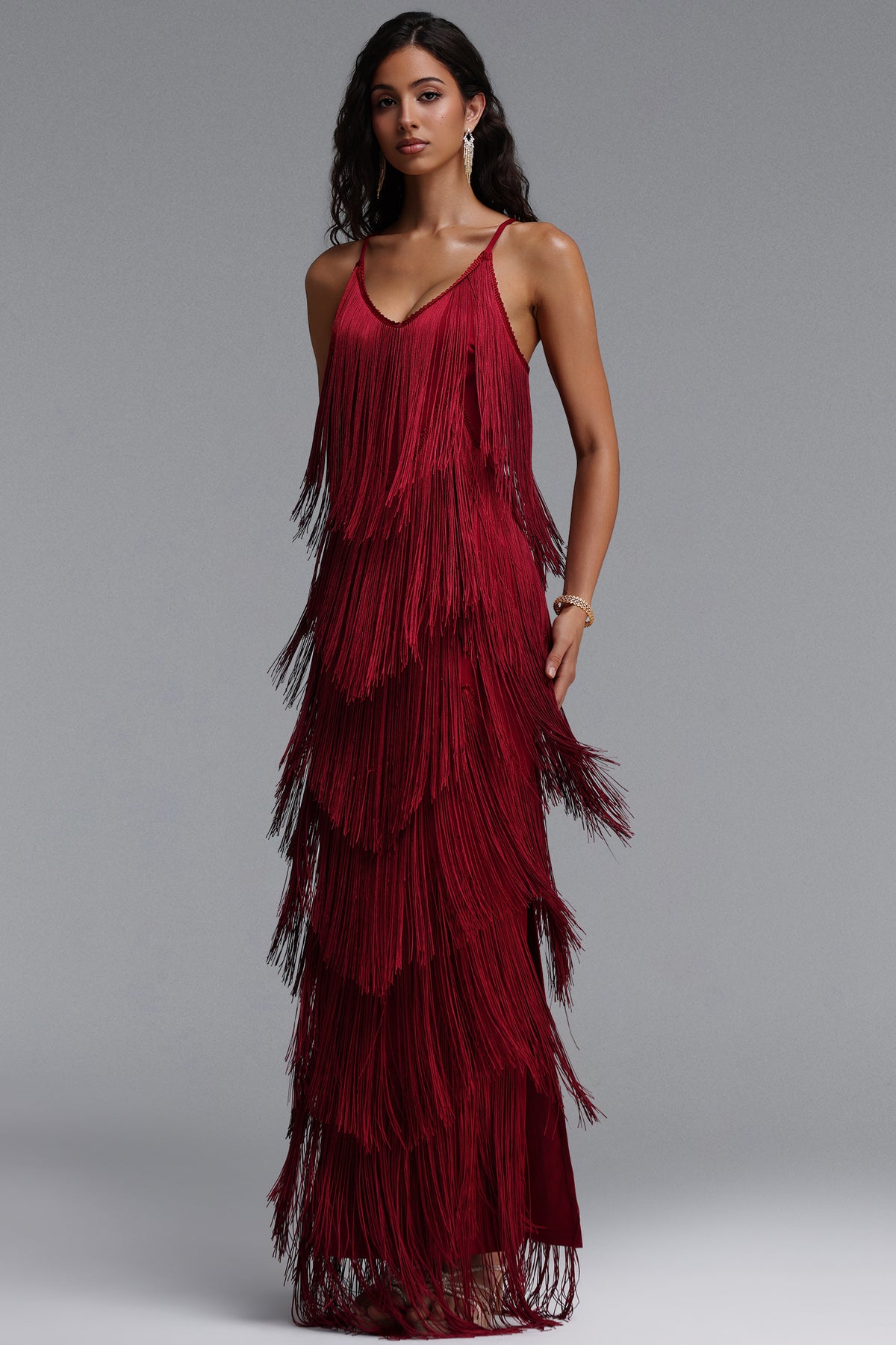 Alex Classic Contour V Neck Layered Fringe Bandage Red Maxi Dress