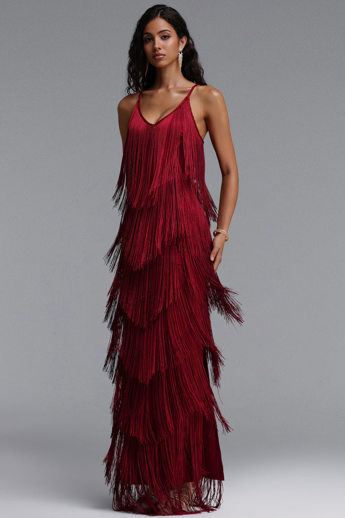 Alex V Neck Layered Fringe Bandage Maxi Dress – Red