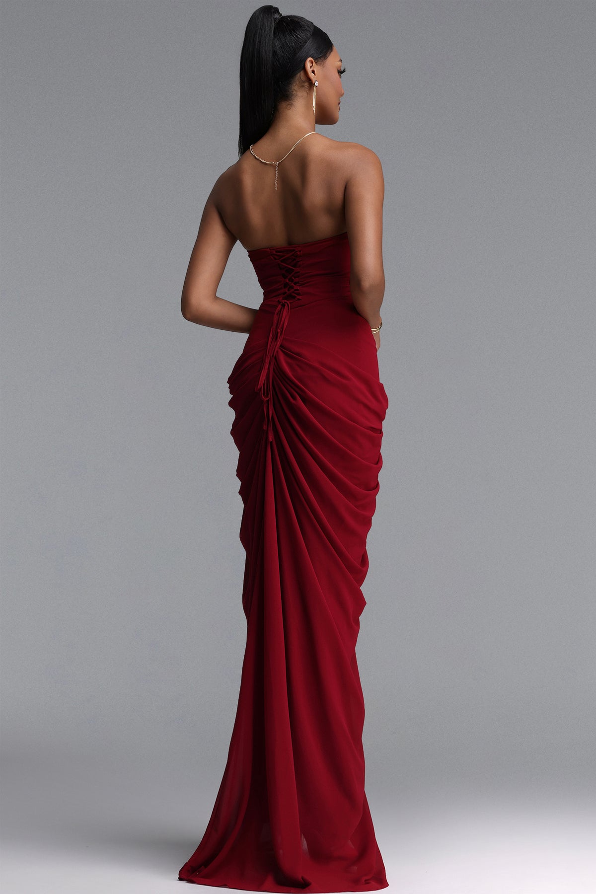 Tazeda Strapless Ruched Mesh Maxi Dress – Red