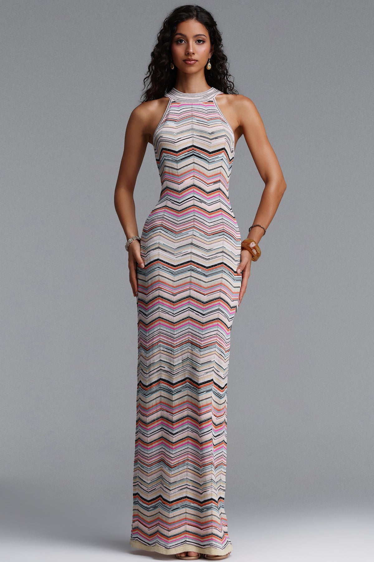Tiza Chic Contour Sleeveless Striped Knit Maxi Dress