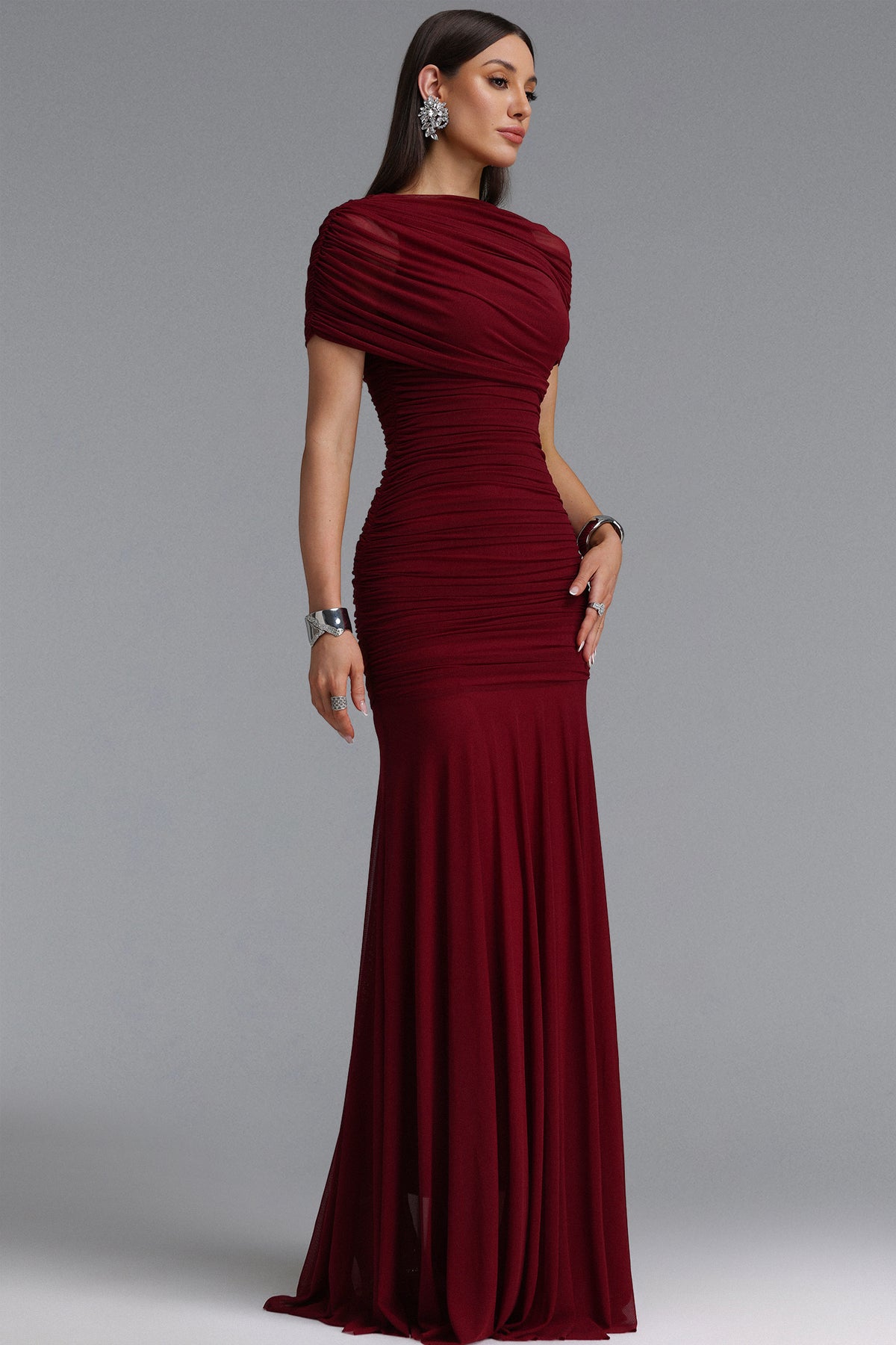 Tiza Elegant Sophisticated Draped Ruched Knitted Maxi Dress