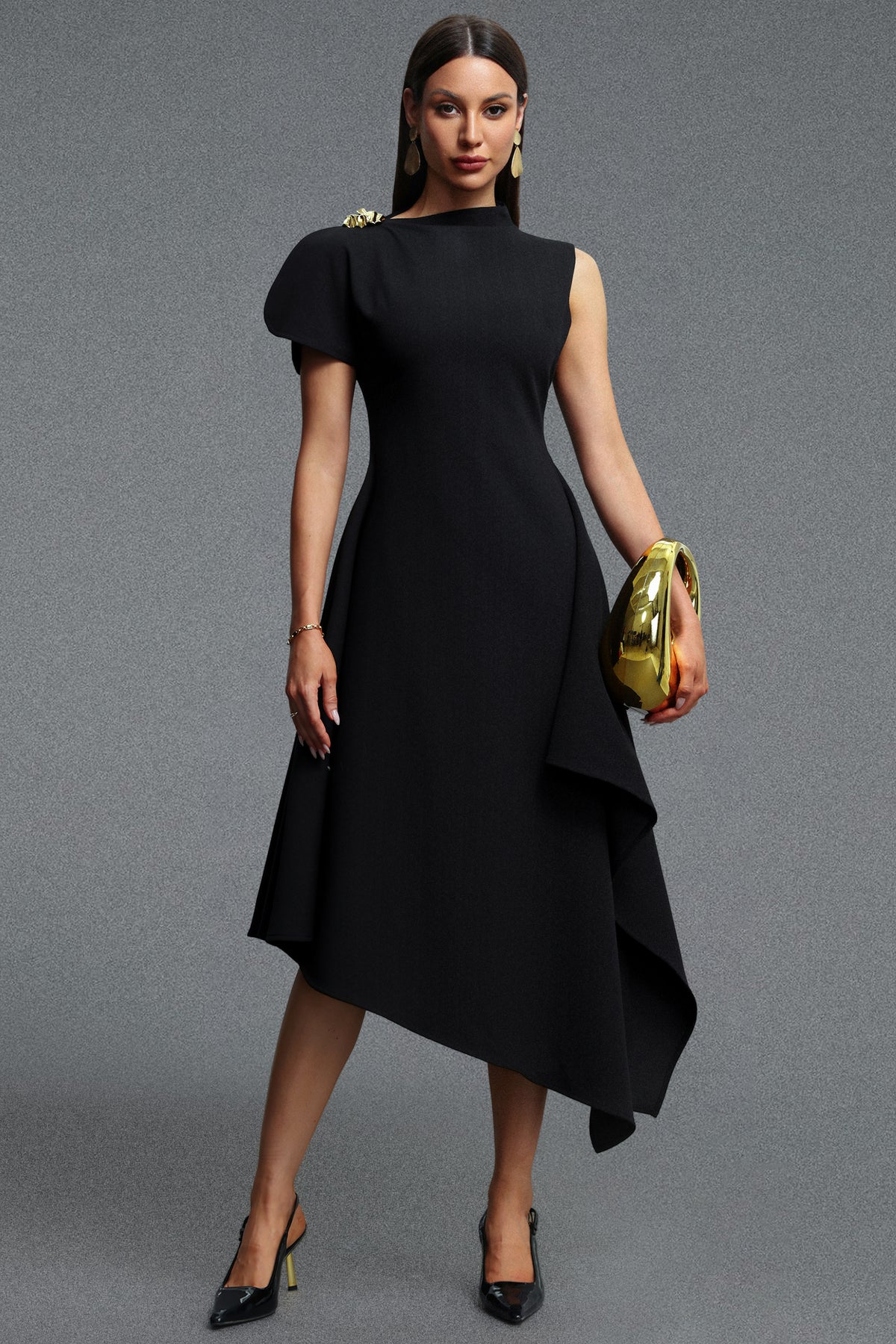 Weren High Neck Asymmetric Maxi Dress – Black