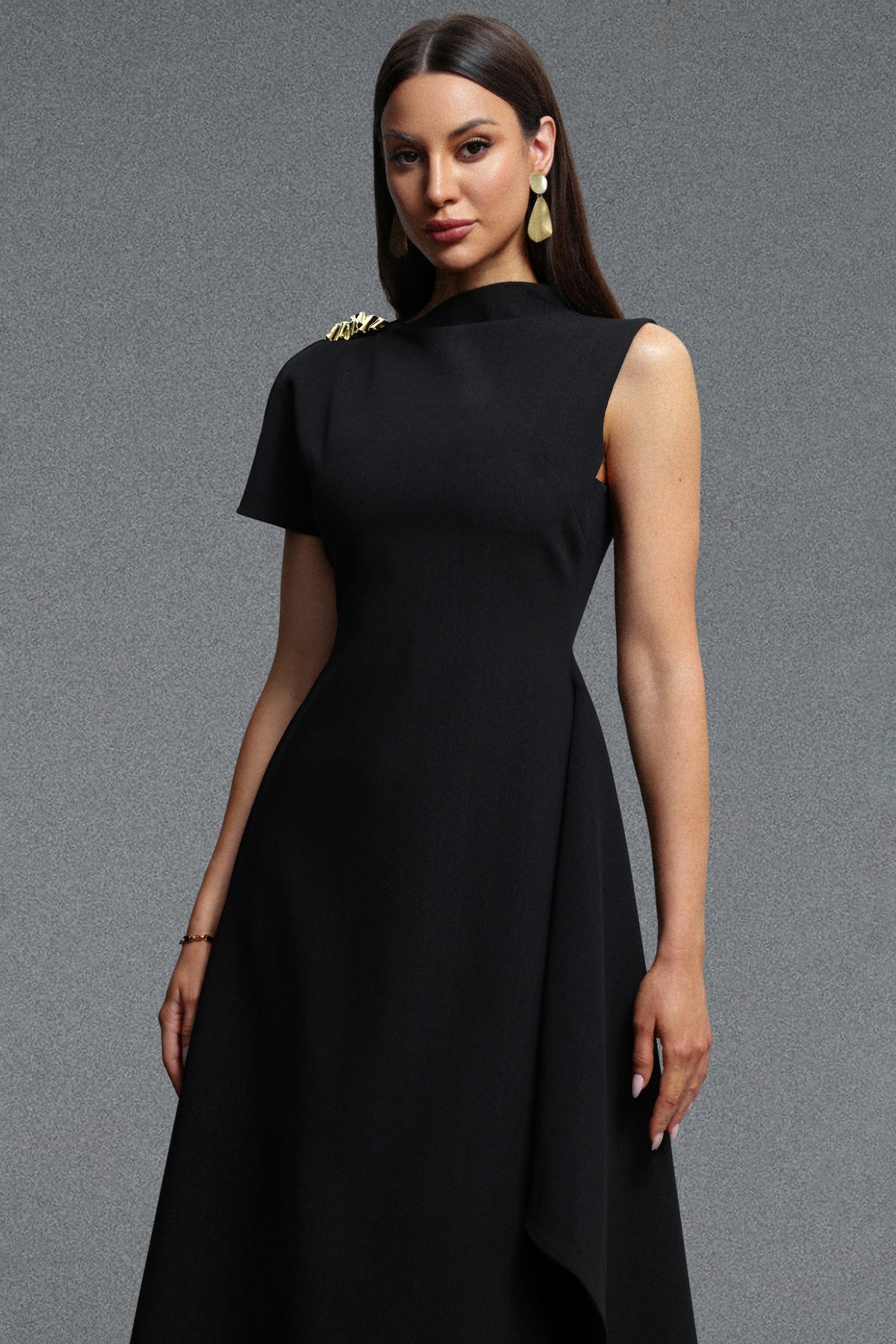 Weren High Neck Asymmetric Maxi Dress – Black
