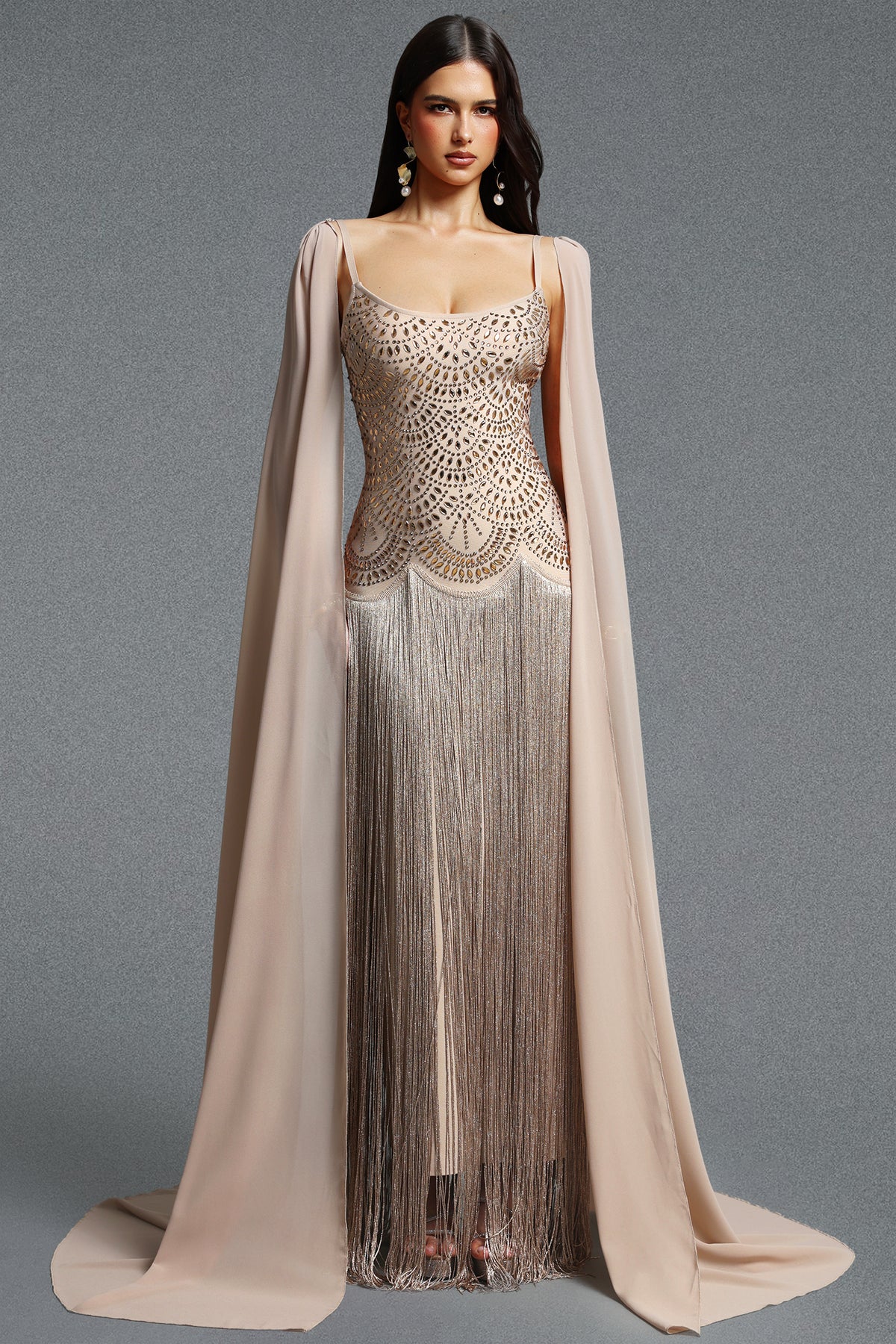 Ikara Elegant Spaghetti Strap Rhinestone Fringe Cape Bandage Maxi Dress