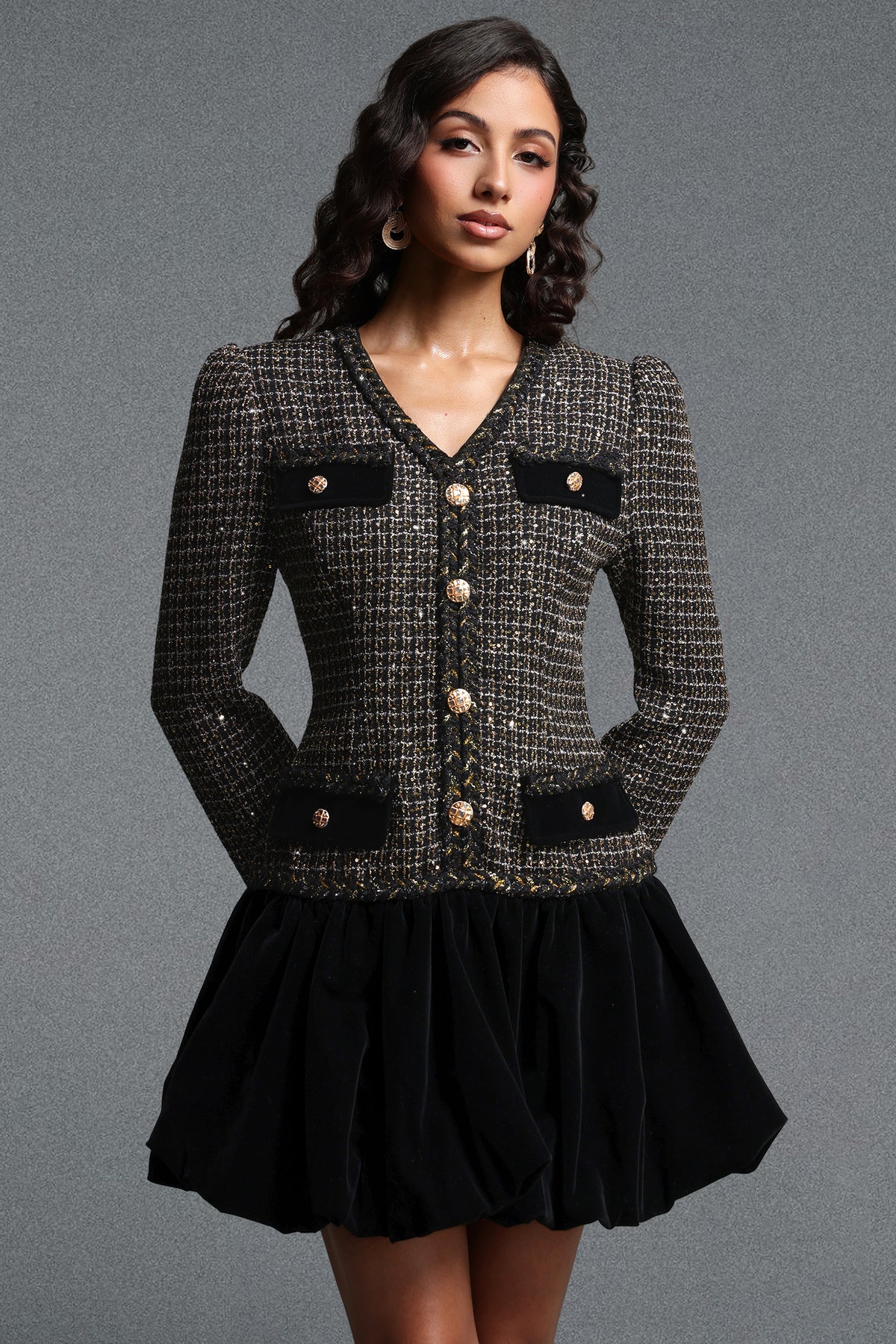 Inez Vintage Tailored V Neck Long Sleeve Velvet Bubble Sequin Tweed Mini Dress