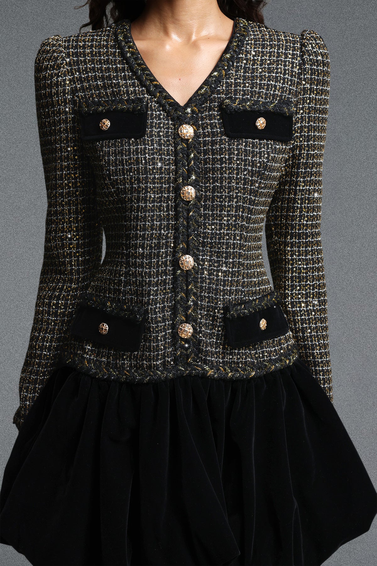 Inez Vintage Tailored V Neck Long Sleeve Velvet Bubble Sequin Tweed Mini Dress
