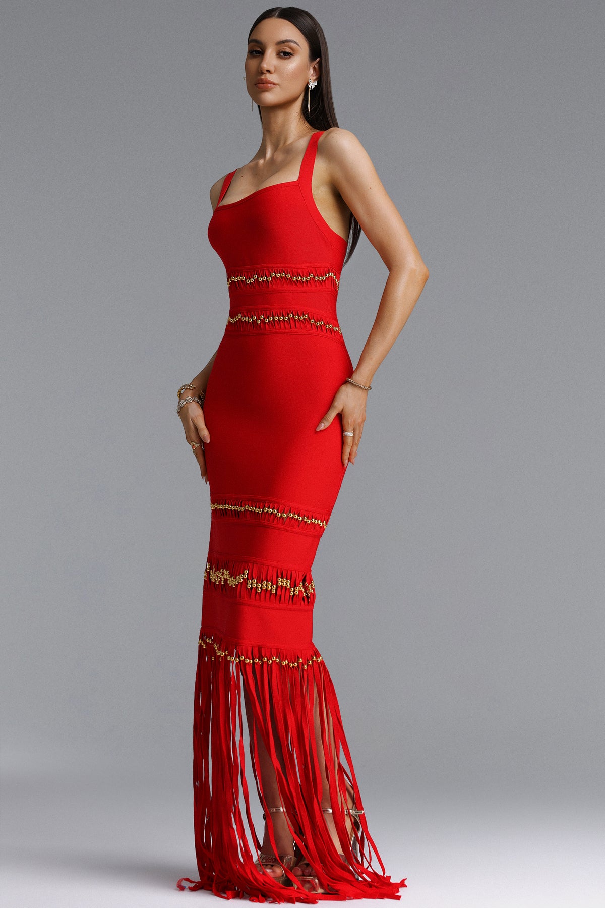 Shanley Chic Contour Sleeveless Beaded Fringe Red Bandage Maxi Dress