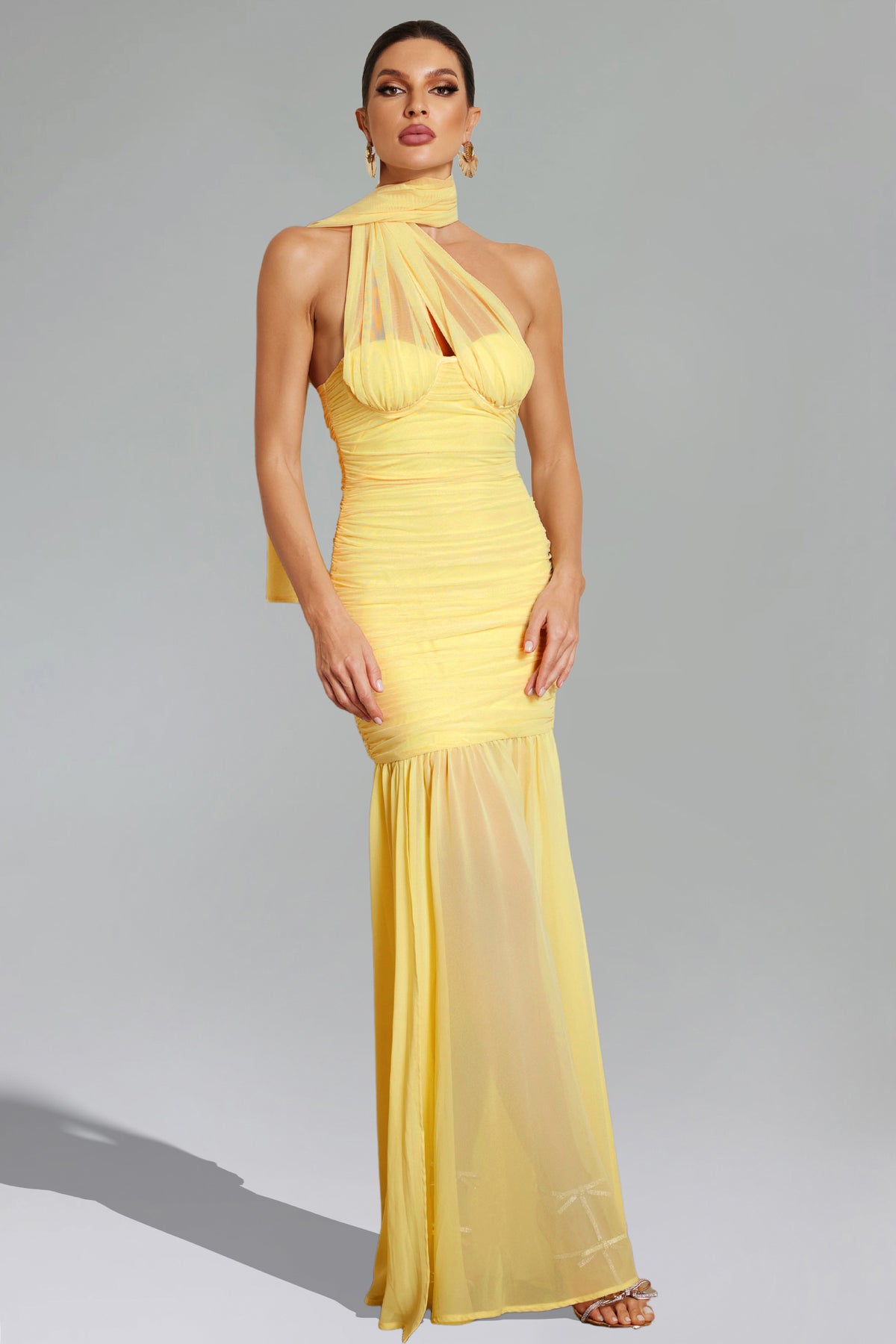 Ulasa Sleeveless Ruched Mesh Maxi Dress