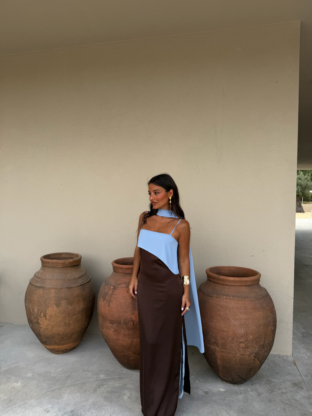 Joanna Dress in Brown and Blue – Elegant Color-Block Style