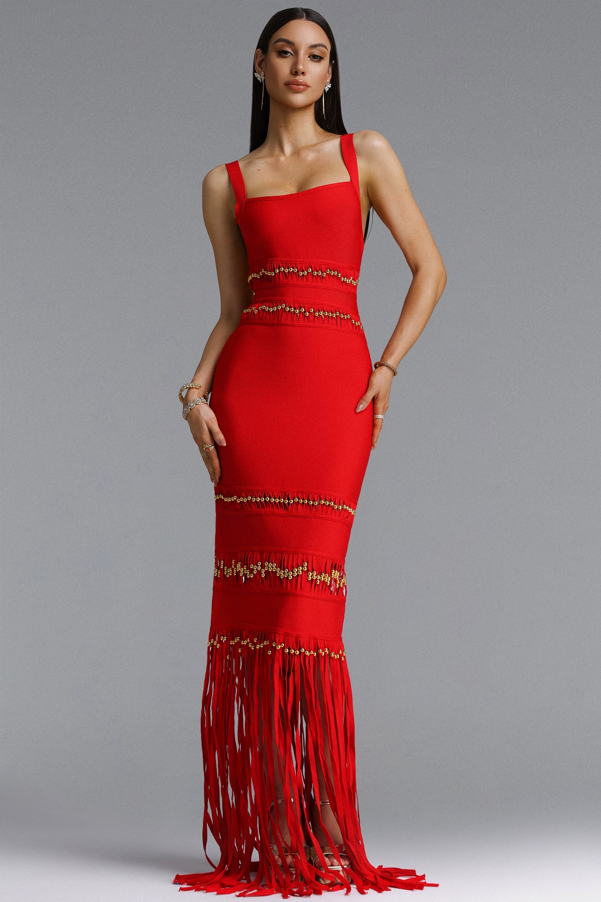 Shanley Chic Contour Sleeveless Beaded Fringe Red Bandage Maxi Dress
