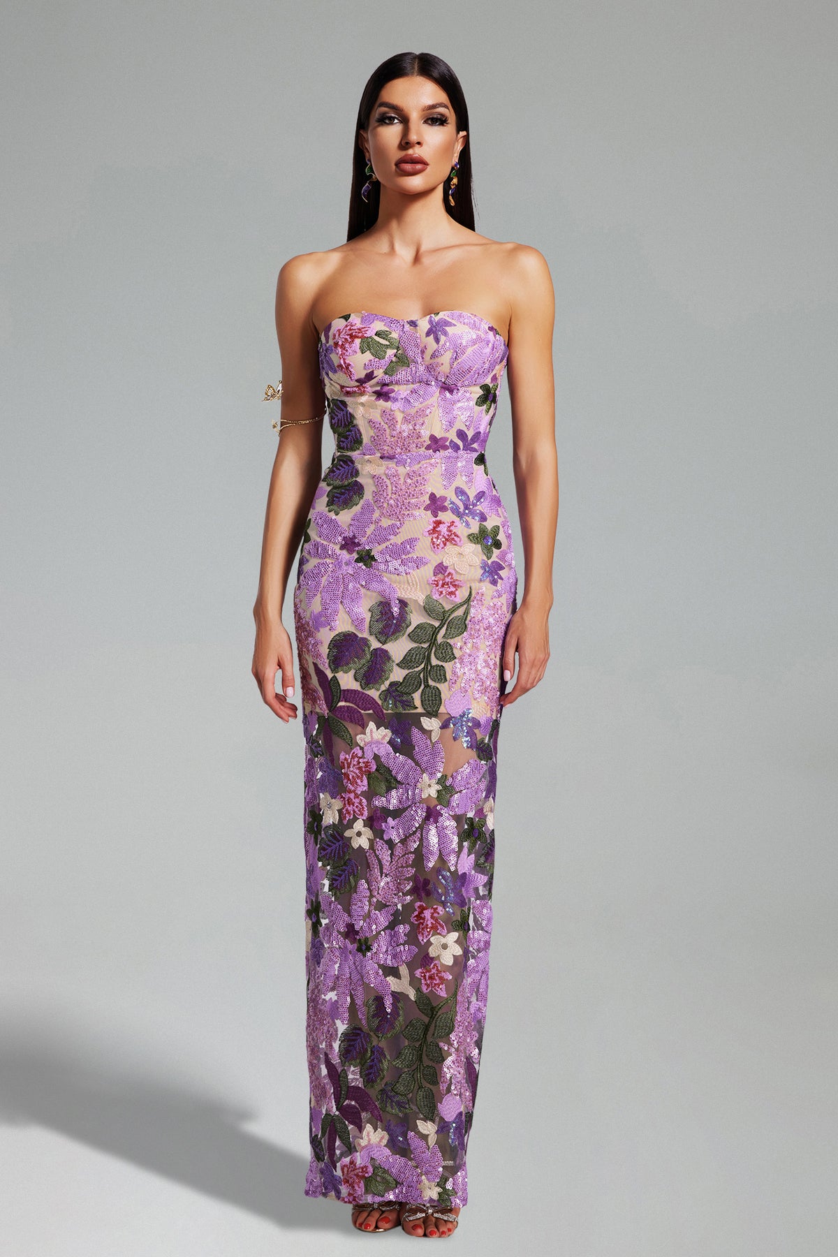 Eugenia Flower Sequins Strapless Mesh Dress - Purple