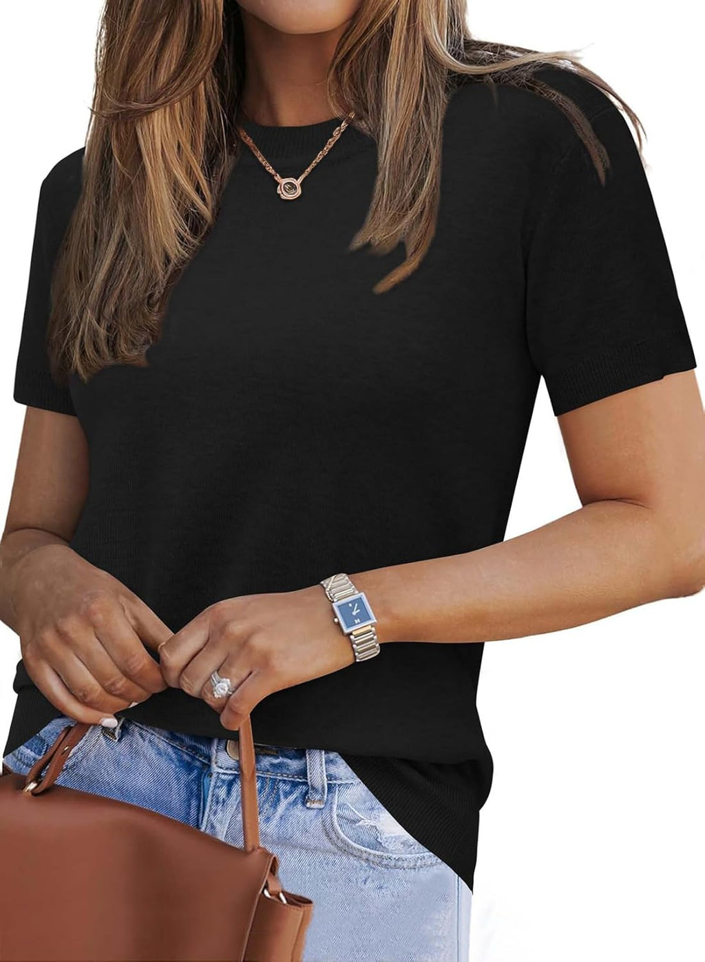 Lightweight Wool Blend Short Sleeve Sweater Top
