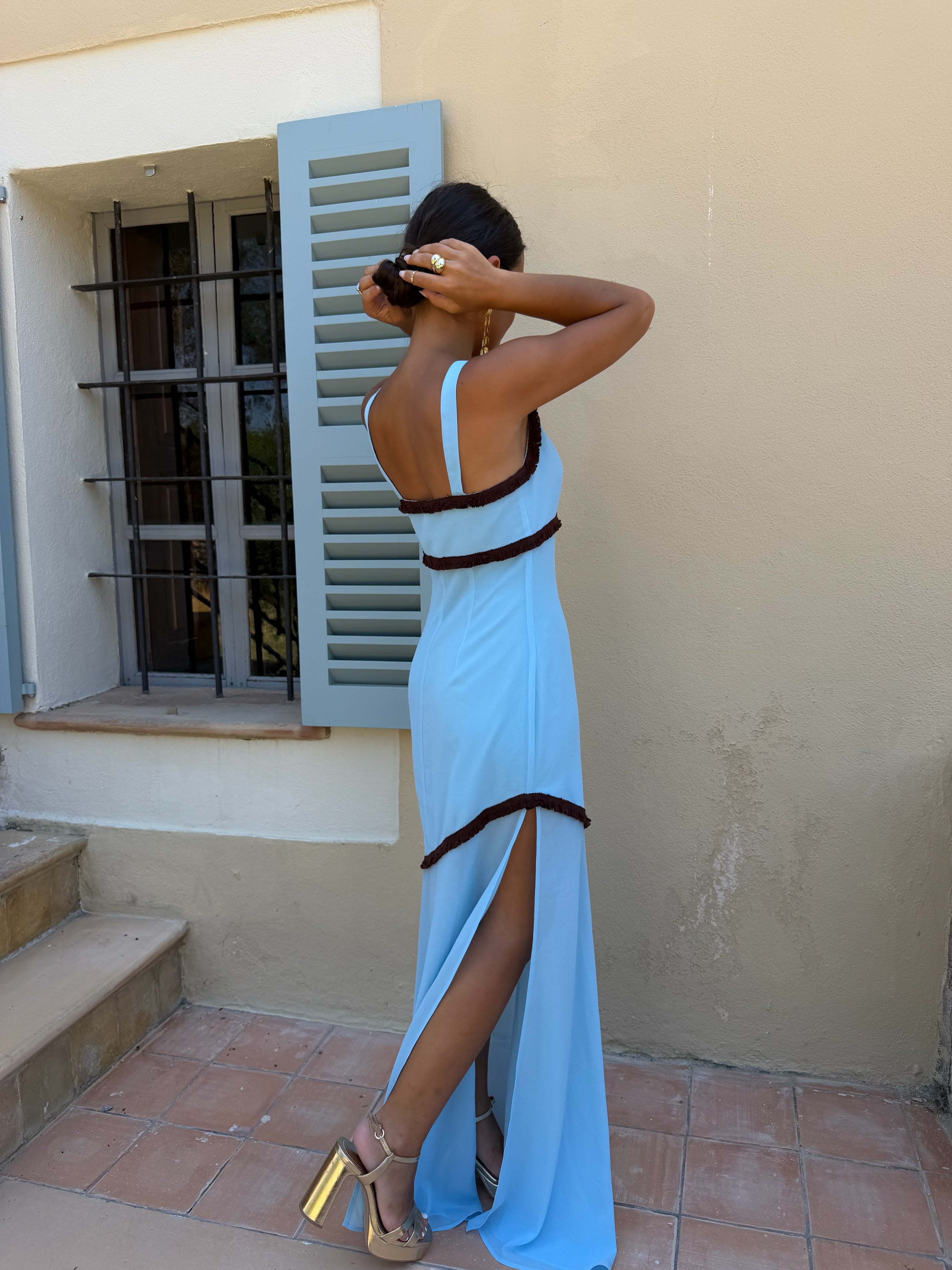 Sansa Dress: Blue with Brown Accents