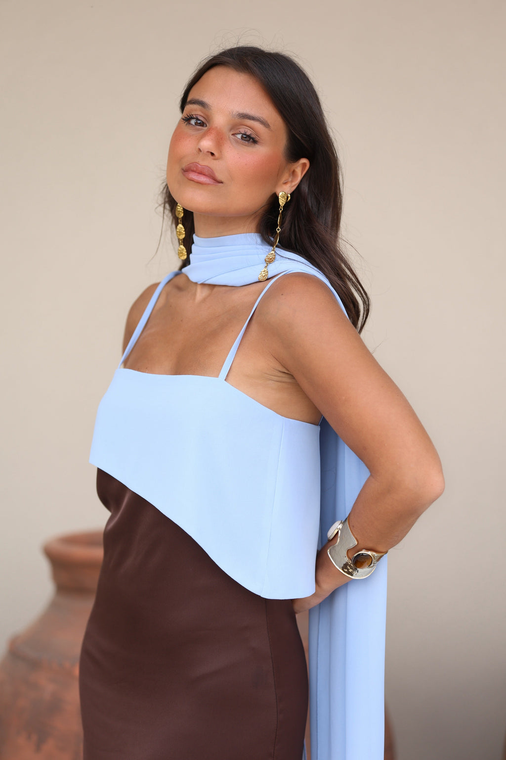 Joanna Dress in Brown and Blue – Elegant Color-Block Style