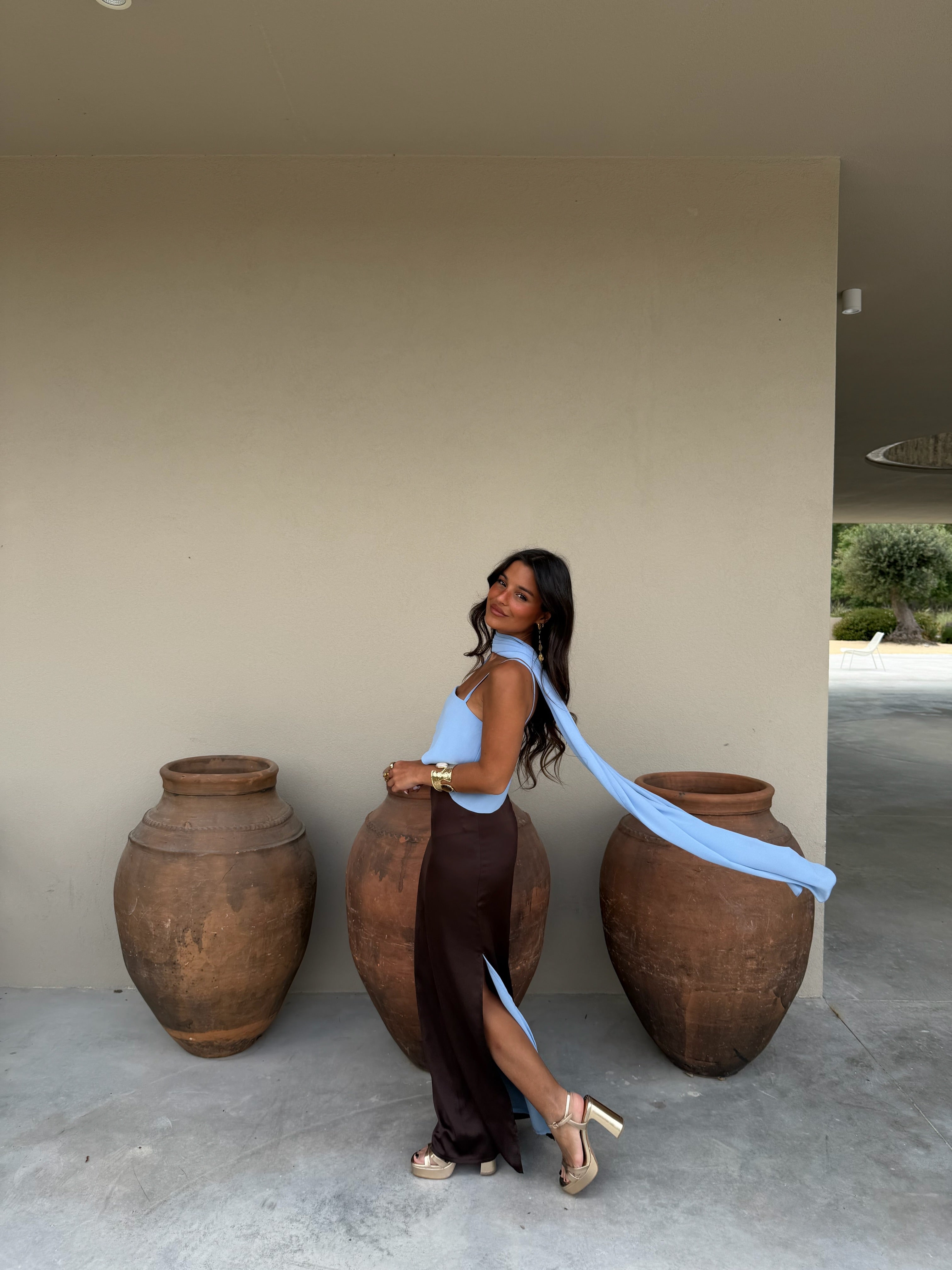 Joanna Dress in Brown and Blue – Elegant Color-Block Style