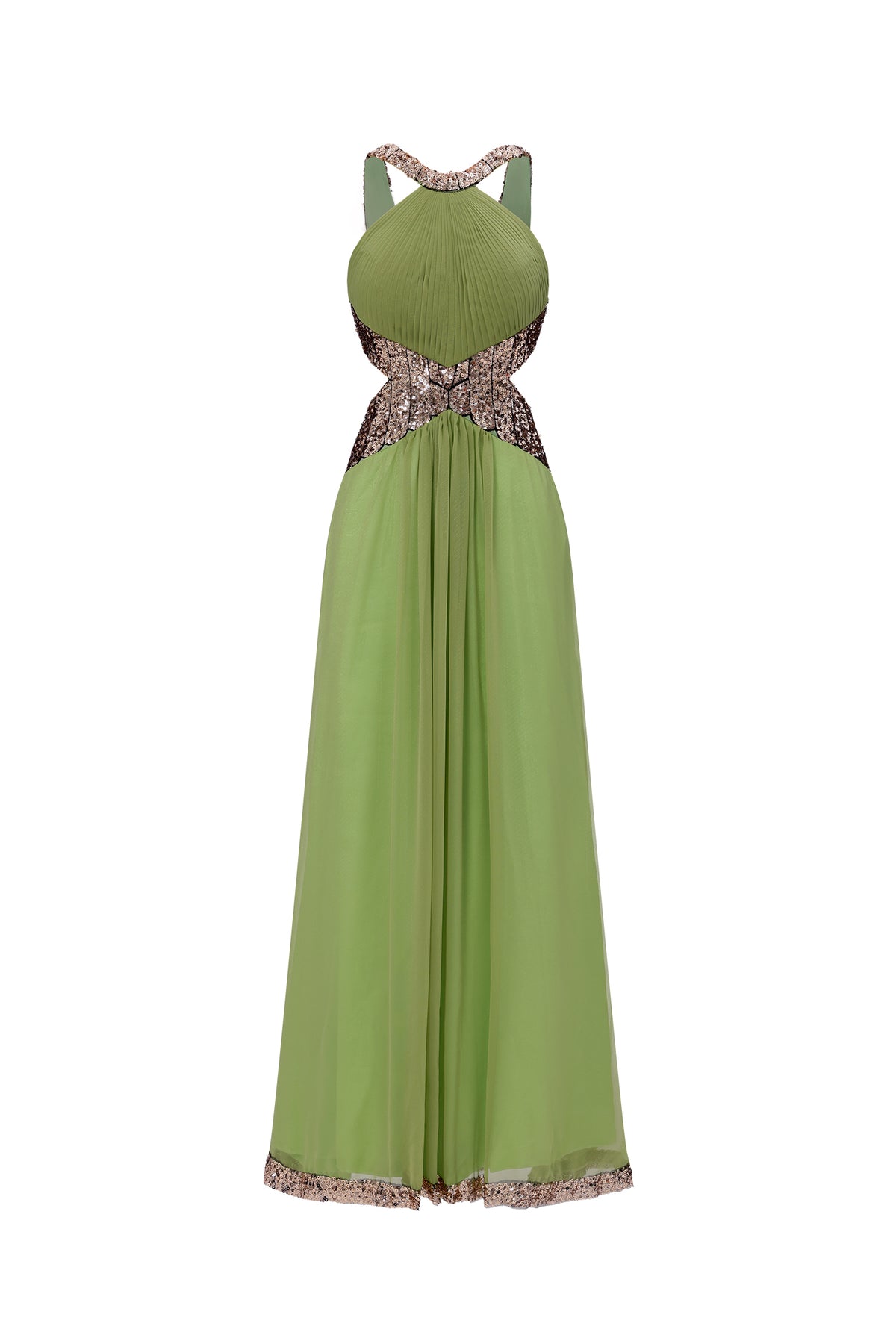 Melisa Flowy Halter Pleated Cut Out Sequin Maxi Dress