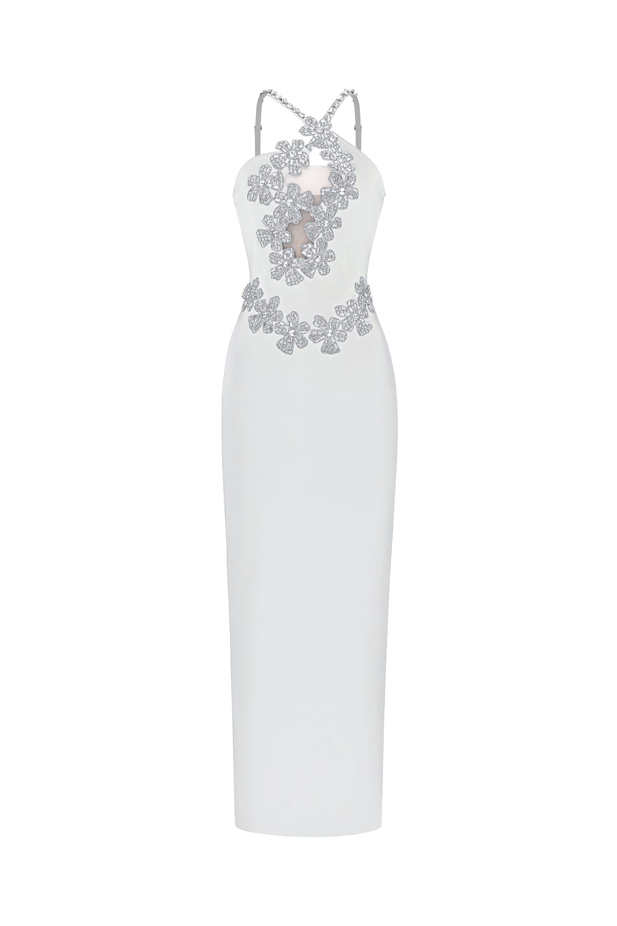 Veronic Glamorous Contour Halter Cut Out Rhinestone Floral Bandage Maxi Dress