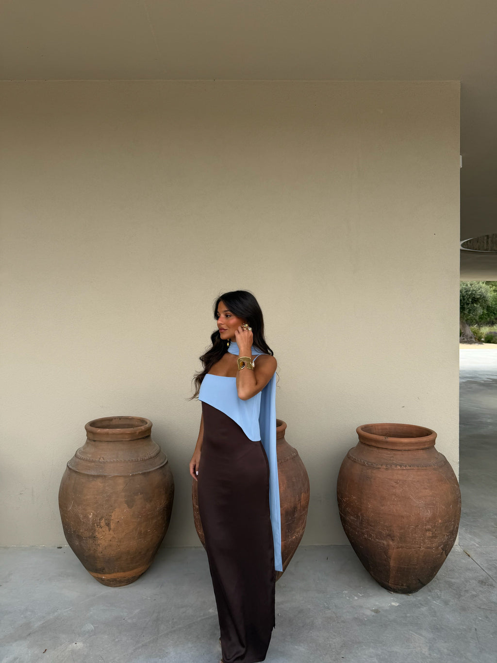 Joanna Dress in Brown and Blue – Elegant Color-Block Style