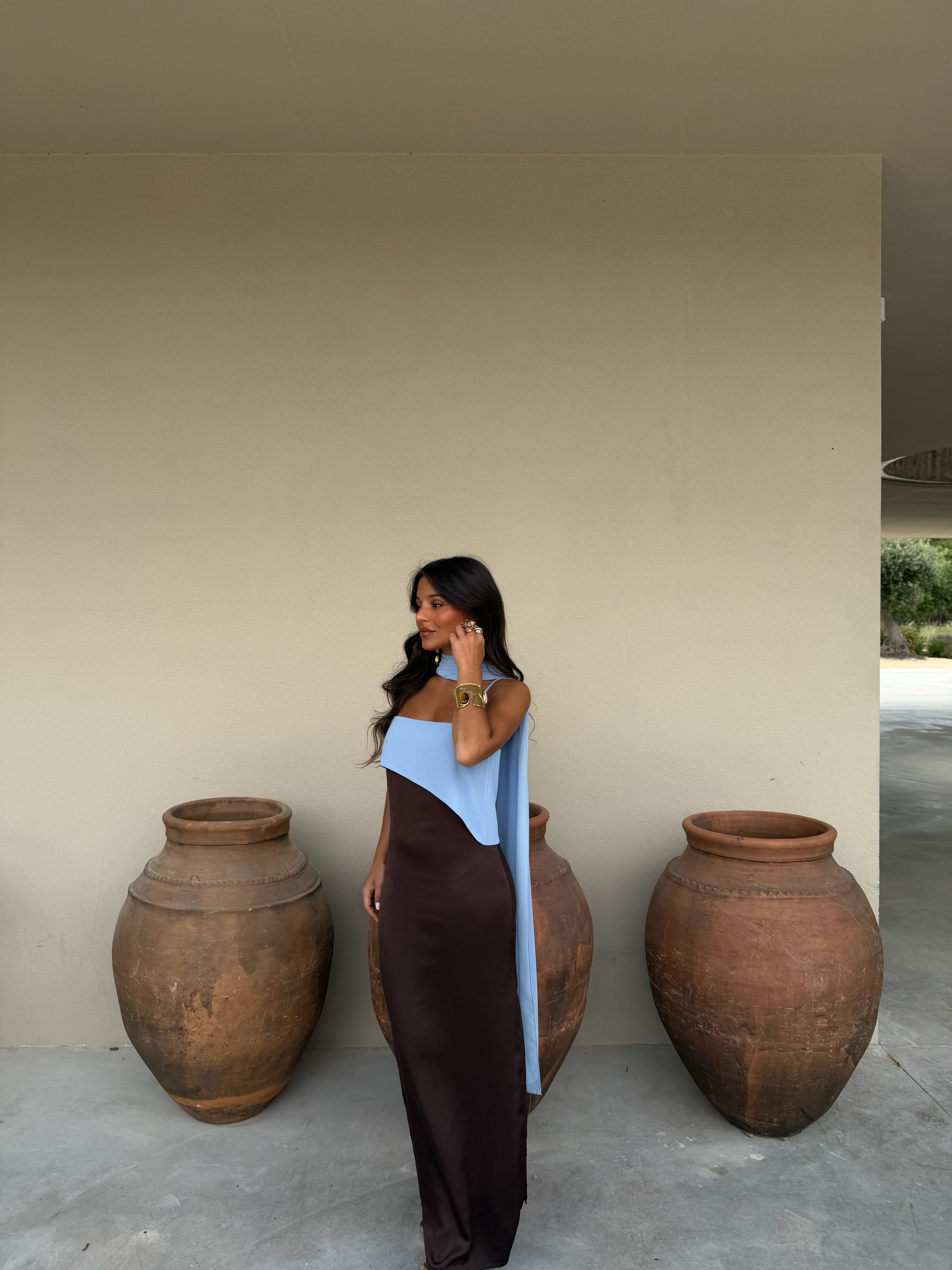 Joanna Dress in Brown and Blue – Elegant Color-Block Style