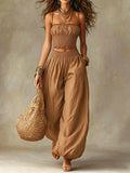 Smocked Crop Top Wide Leg Two-Piece Pants Set