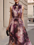 Floral Tie-Neck Belted Maxi Dress