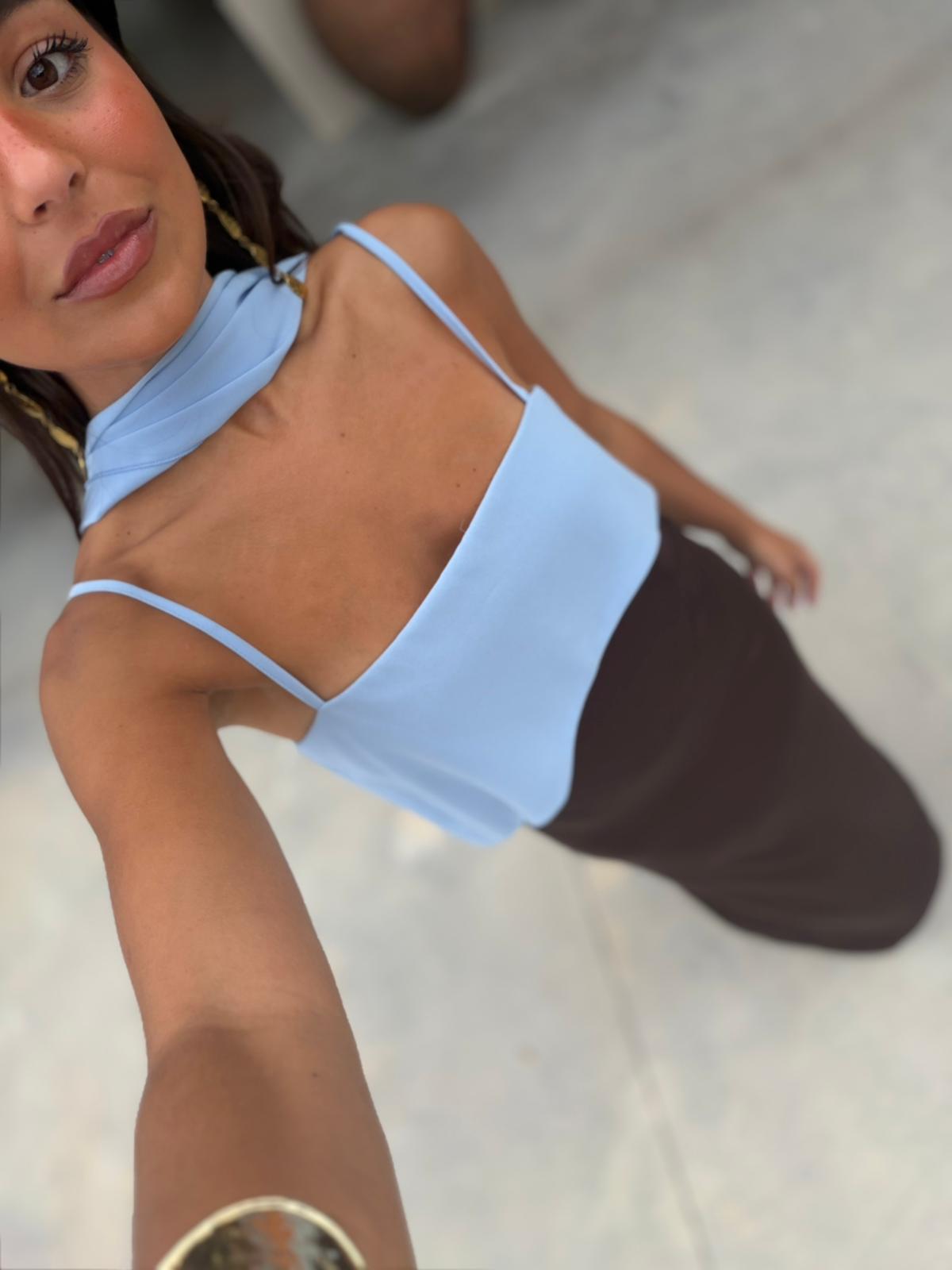 Joanna Dress in Brown and Blue – Elegant Color-Block Style