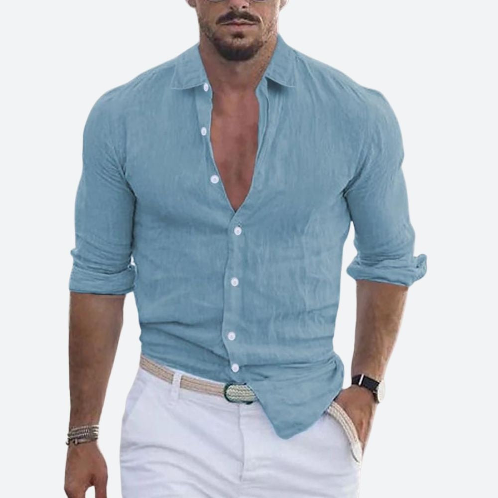 Aitor | Men's Long Sleeve Slim Fit Linen Shirt Open Collar