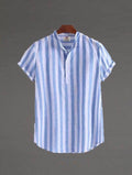 Arnau | Men's Short Sleeve Striped Linen Shirt Mao Collar