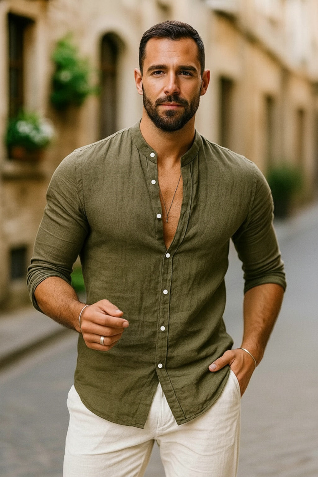 Gonzalo | Men's Long Sleeve Linen Shirt Mao Collar