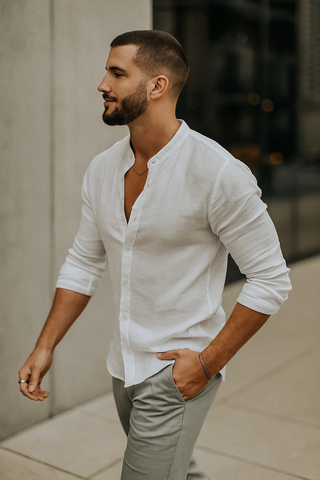 Gonzalo | Men's Long Sleeve Linen Shirt Mao Collar