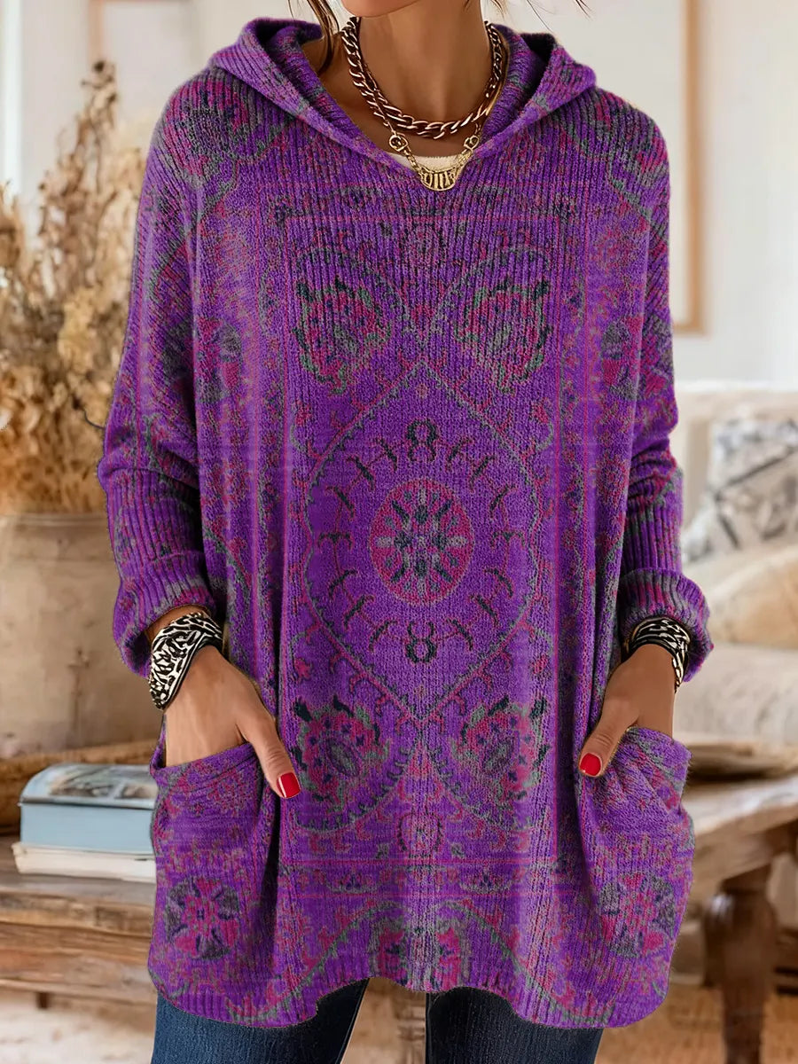 Maya | Retro Ethnic Print Hooded Knit Tunic with Pockets