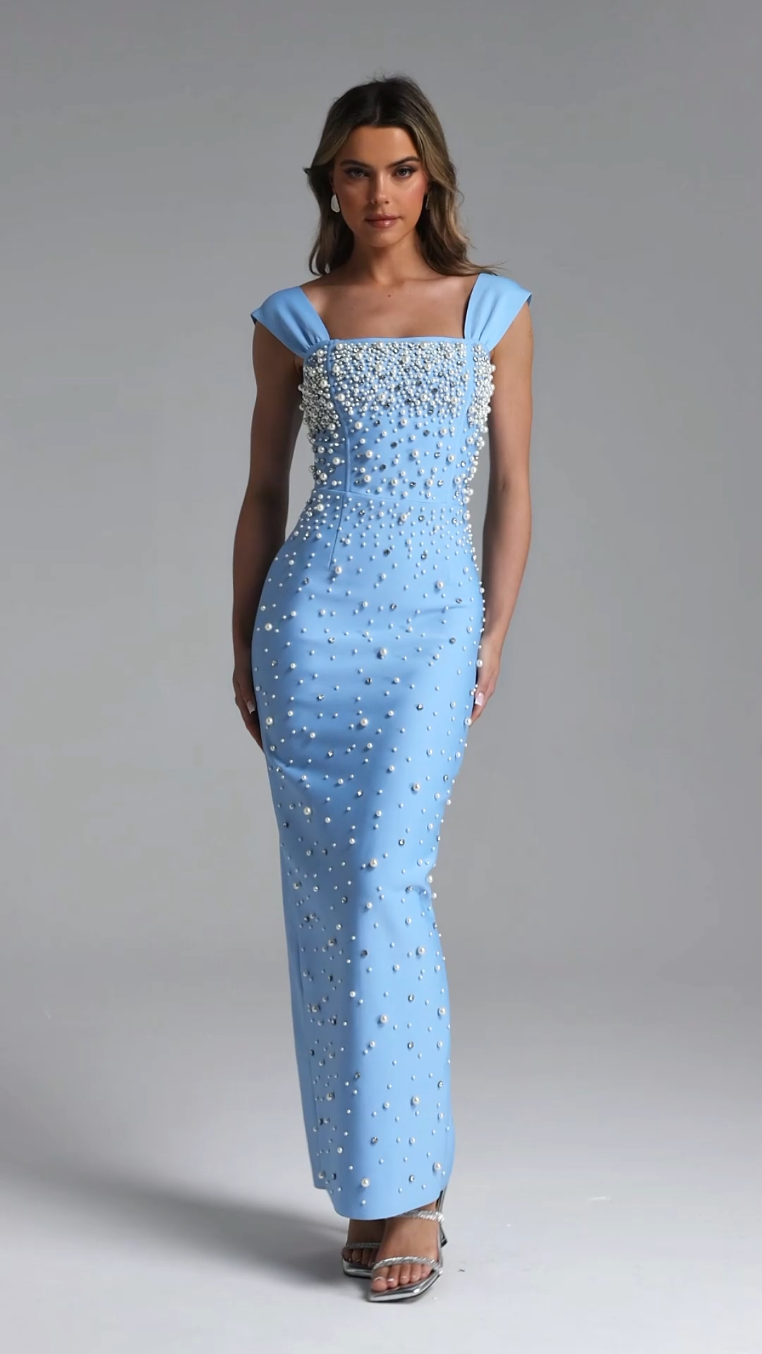 Vafa Square Neck Pearl Rhinestone Bandage Maxi Dress