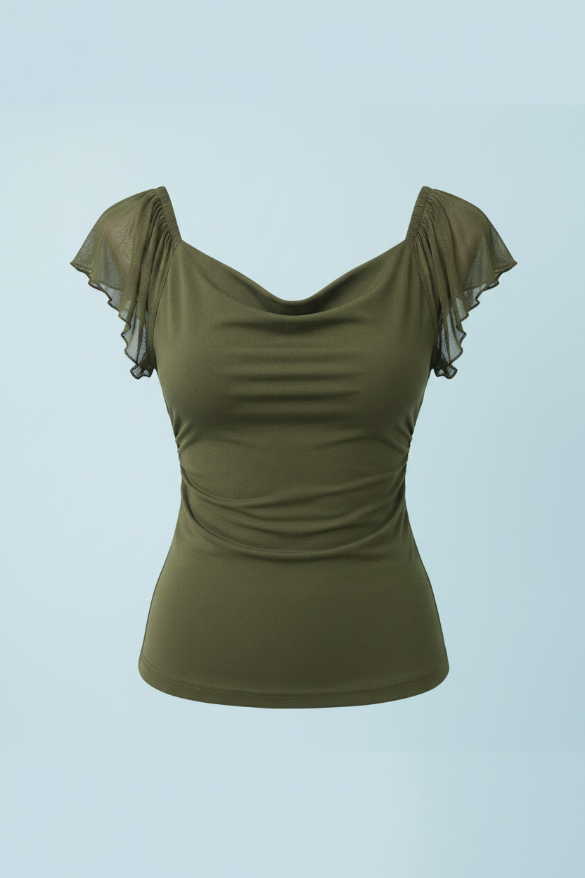 GREEN COWL NECK MESH TEE