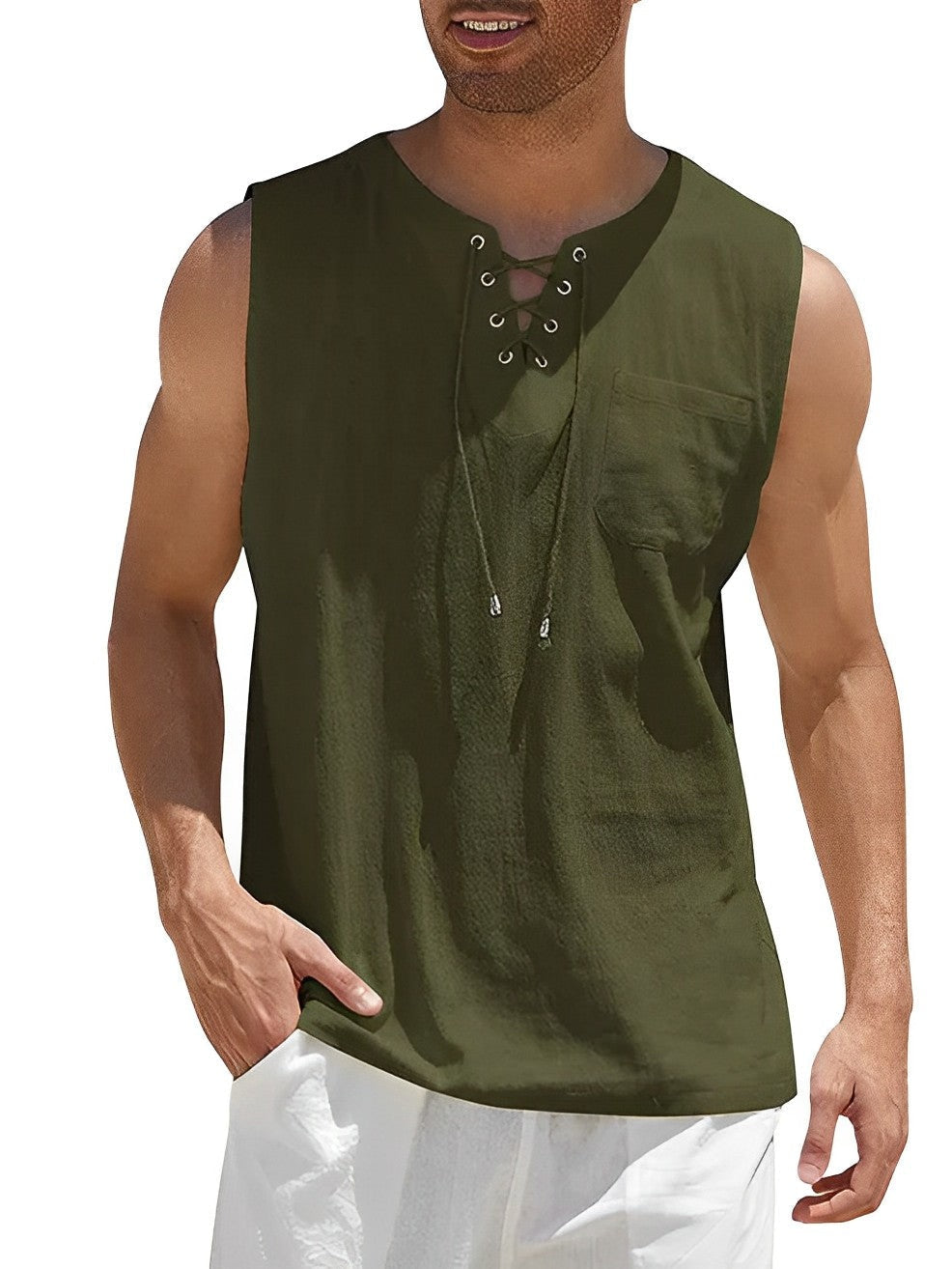 Iker | Men's Oversize Sleeveless T-Shirt Lace-Up Neckline with Pocket
