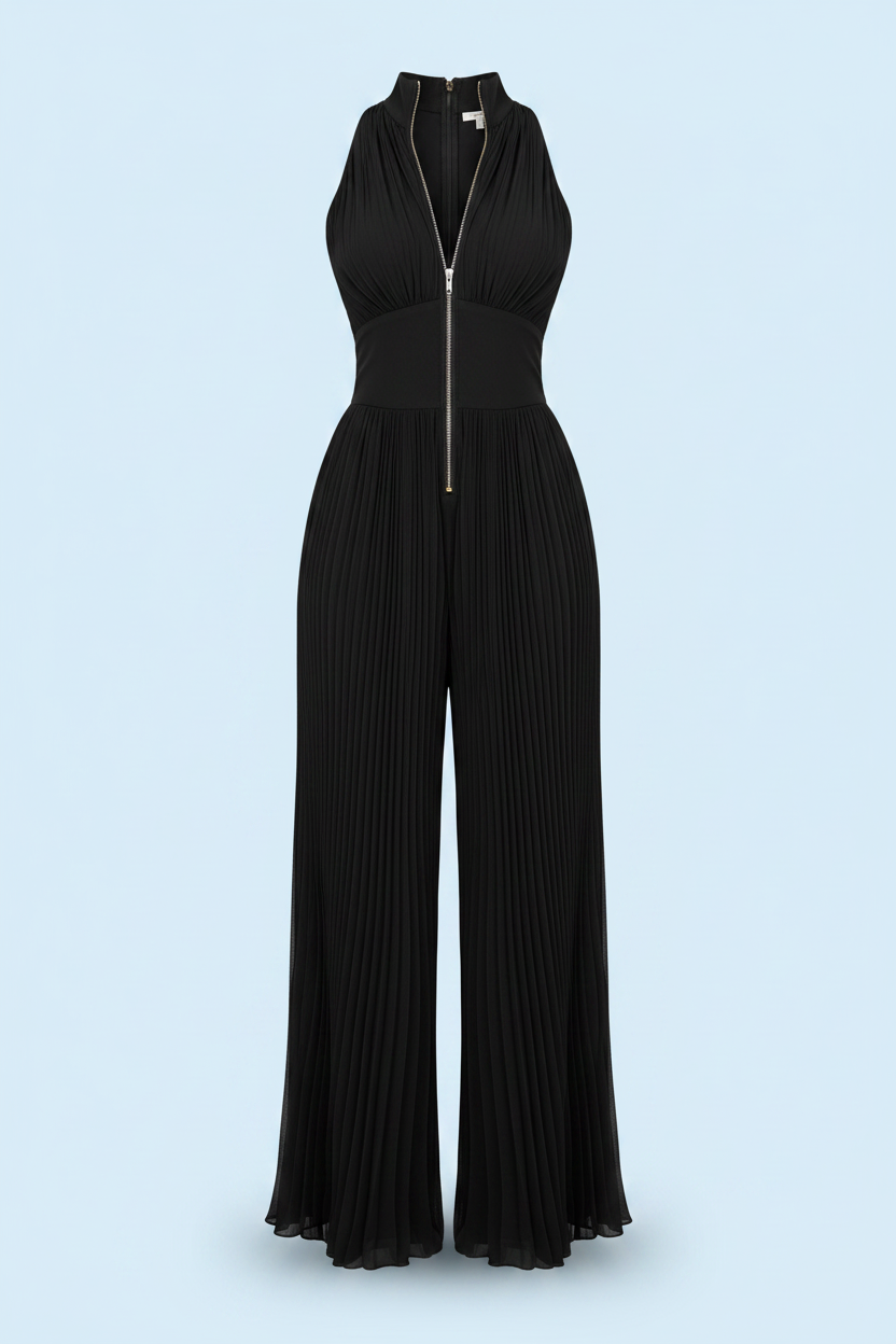 Black pleated jumpsuit on a light blue background