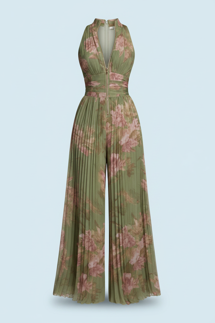 Green floral pleated jumpsuit on a light blue background