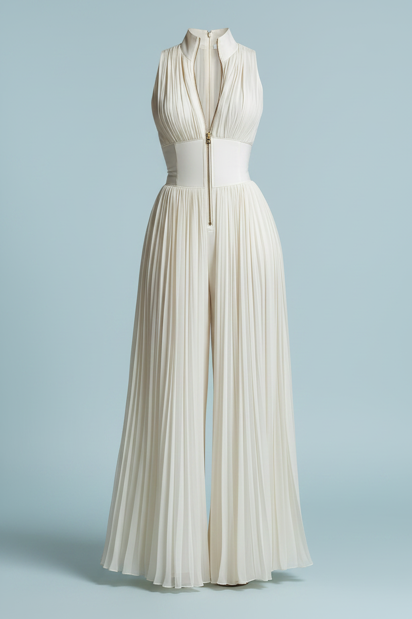 White pleated jumpsuit on a light blue background