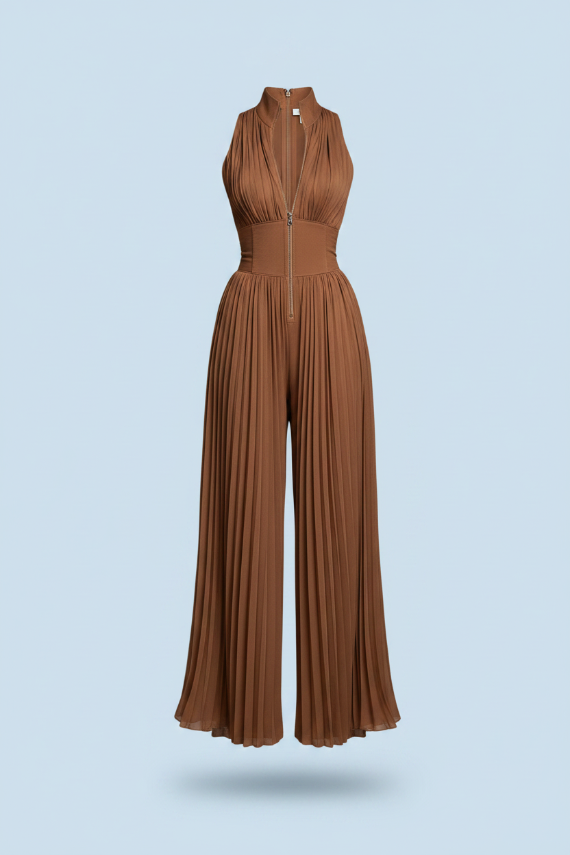 Brown pleated Zsofia jumpsuit on a light blue background