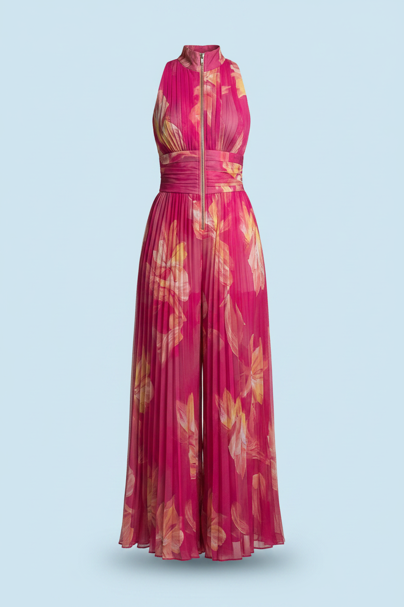 Fuchsia floral pleated jumpsuit on a light blue background