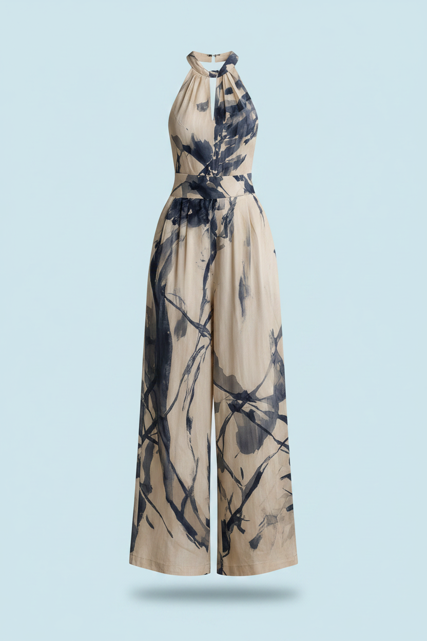 Ink wash print jumpsuit on a light blue background