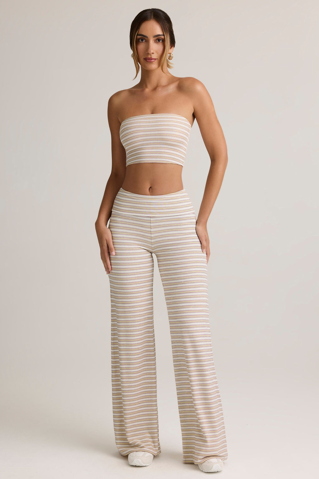 Pantalones de modal de pierna ancha con cintura plegable en rayas rosa y amarillas