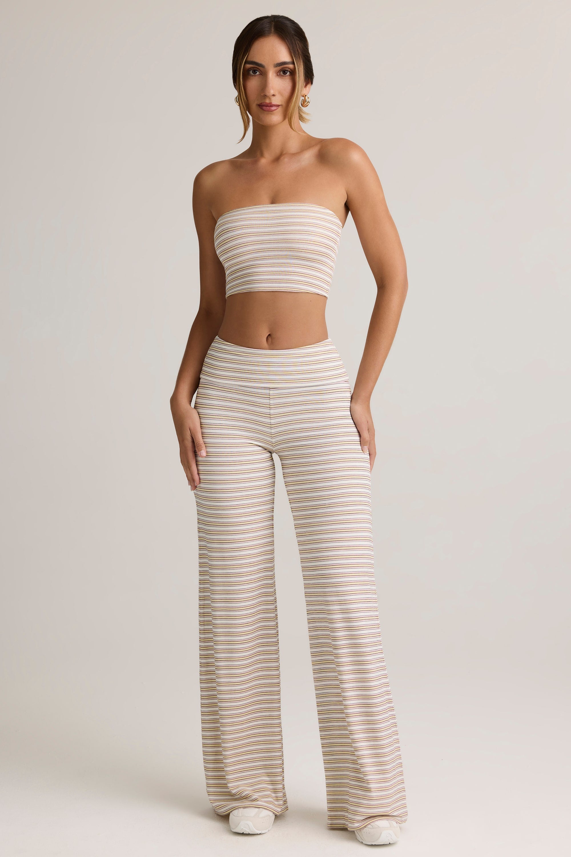 Pantalones de modal de pierna ancha con cintura plegable en rayas rosa y amarillas
