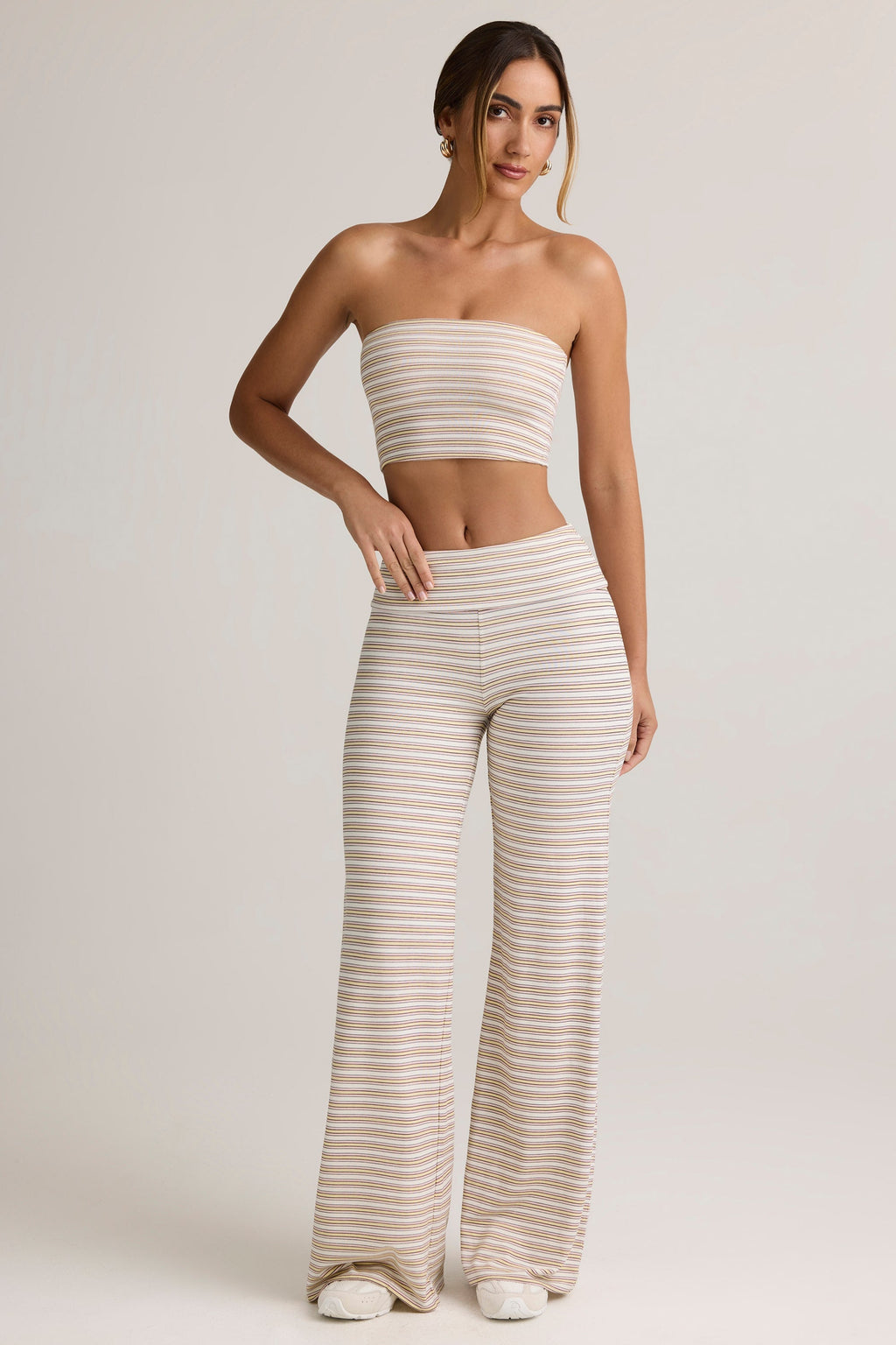 Pantalones de modal de pierna ancha con cintura plegable en rayas rosa y amarillas