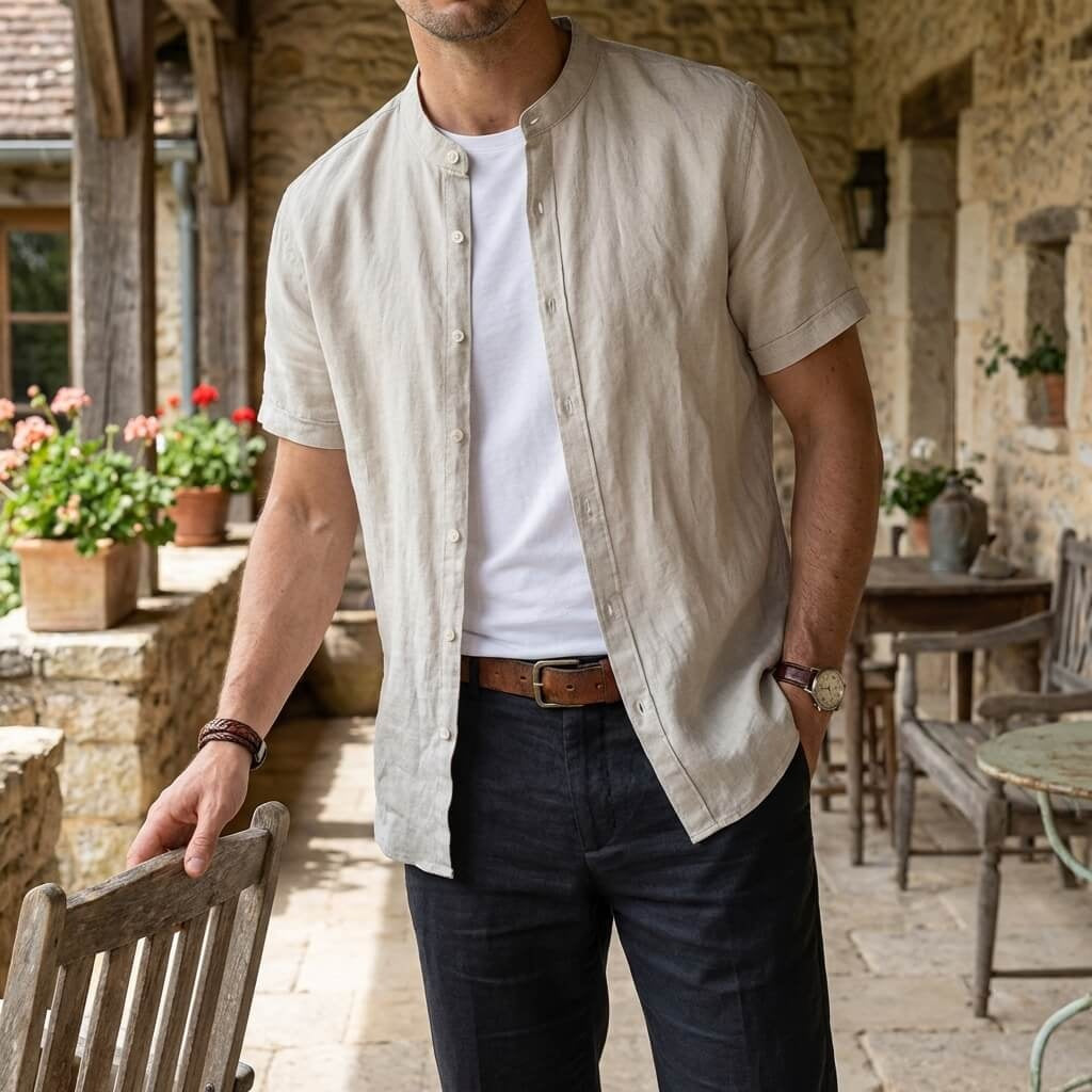 Miguel | Men's Short Sleeve Linen Shirt Mao Collar