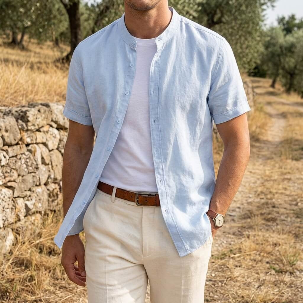 Miguel | Men's Short Sleeve Linen Shirt Mao Collar