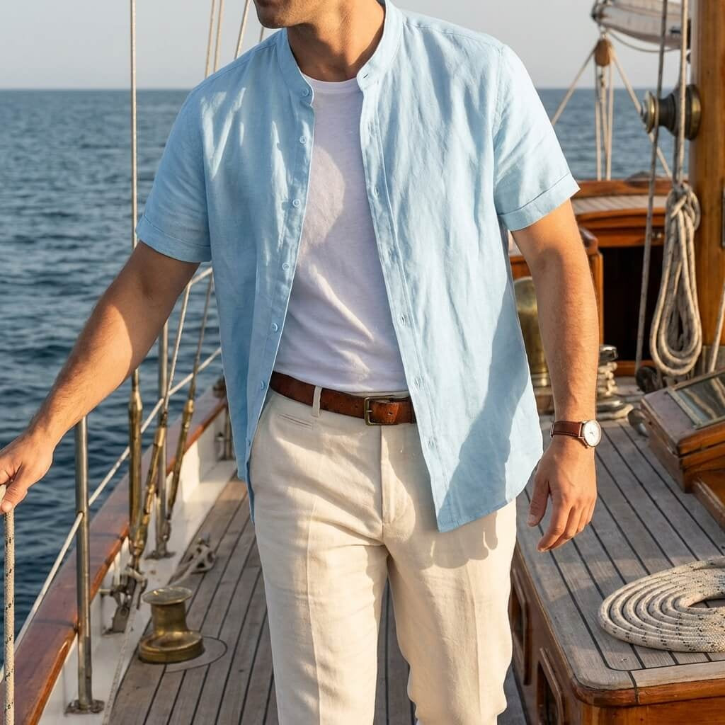 Miguel | Men's Short Sleeve Linen Shirt Mao Collar