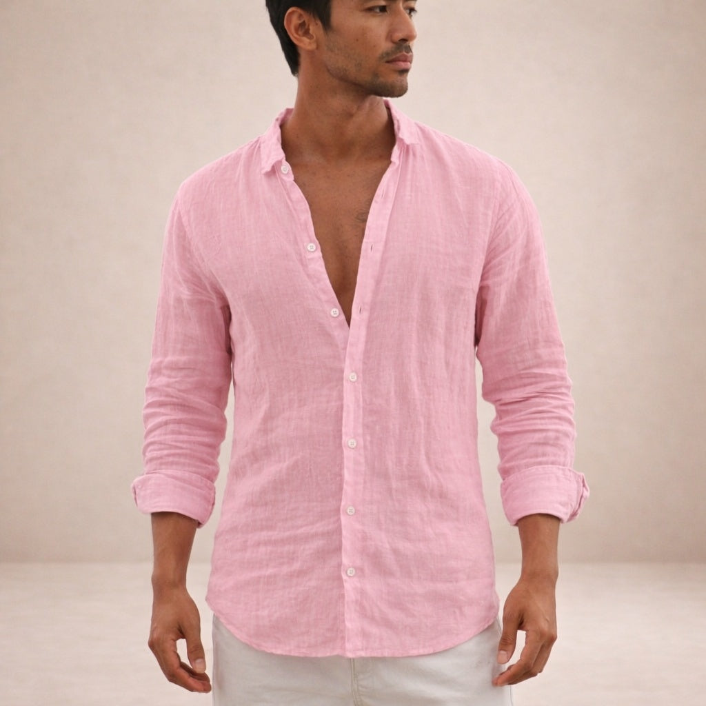 Pau | Men's Long Sleeve Linen Shirt Mao Collar